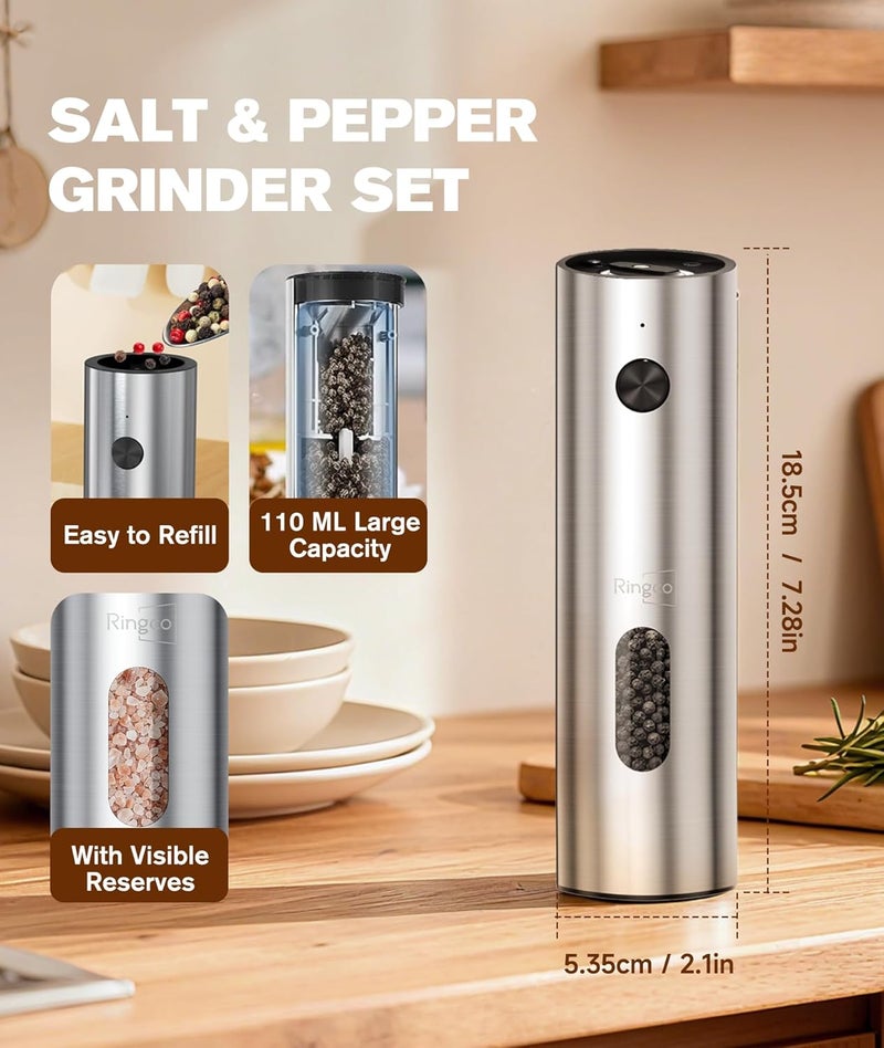 Ringo Ringco Electric Salt and Pepper Grinder Set with Charging Base, Rechargeable Salt and Pepper Mill with Adjustable Coarseness, LED Light, 110ml Large Capacity for Kitchen, Outdoors, Christmas Gift - Image 2